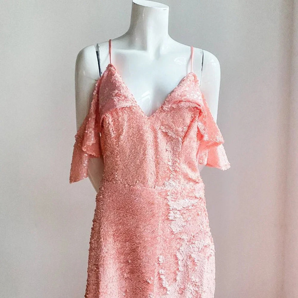 A.B.S Alan Shwartz Peach Pink All Sequin Off The Shoulder MAxi Gown 10 - Picture 2 of 7